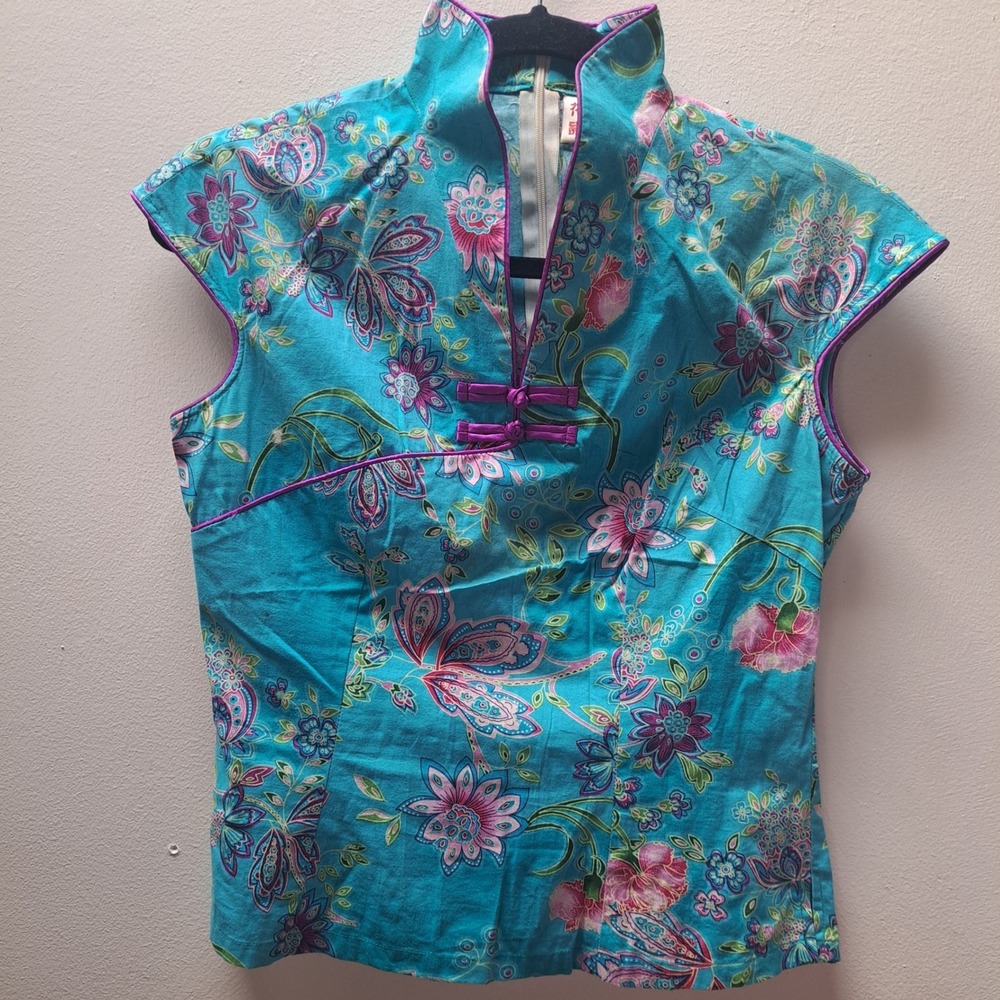 Turquoise Floral Butterfly Mandarin Collar Cap Sleeve Cheongsam Top